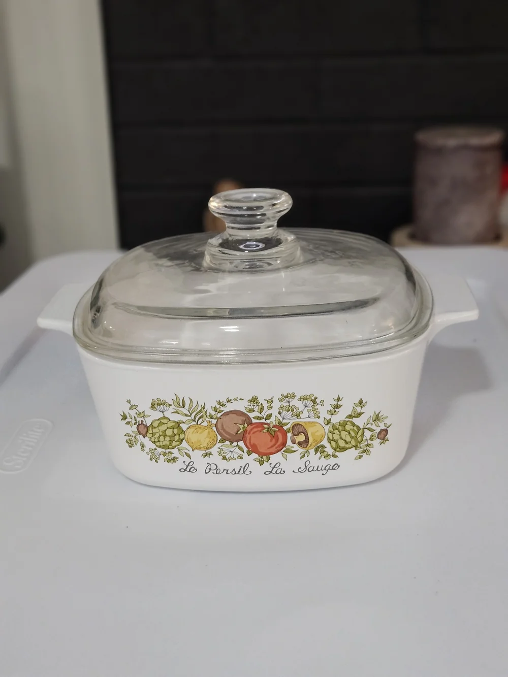 Corningware White Casserole with Herb & Vegetable Pattern
